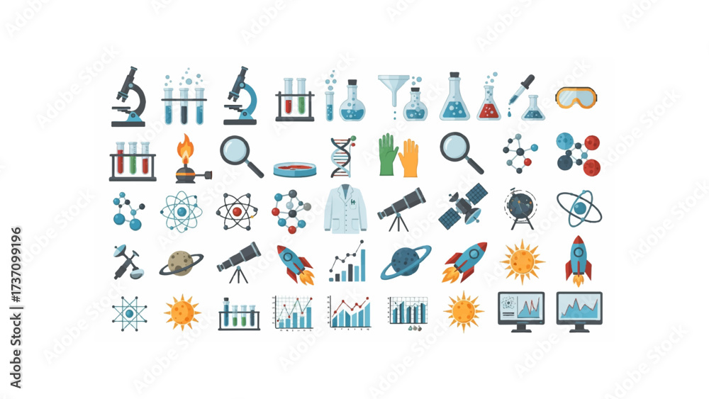 Illustration of laboratory equipment and scientific icons arranged in a grid pattern on a white background