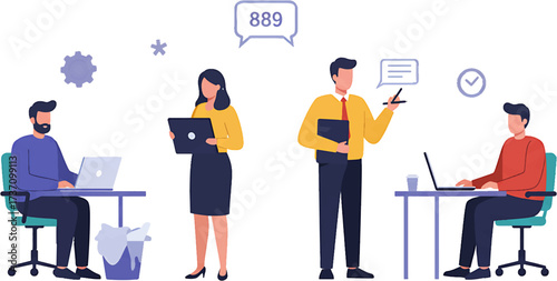 Four Diverse Professionals Working in Modern Office Environment Vector Illustration.