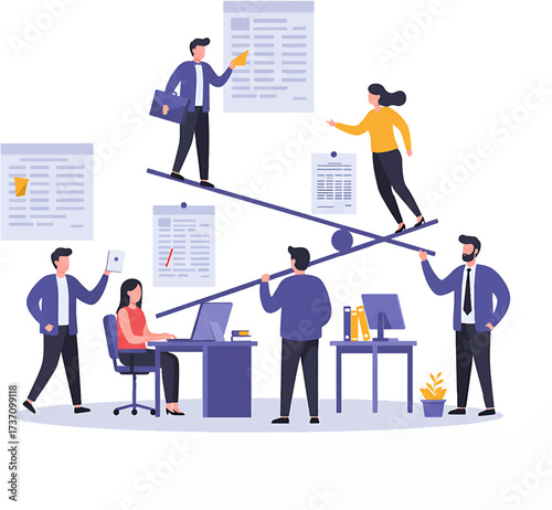 Teamwork Balancing Act: Diverse Business Professionals on Seesaws.