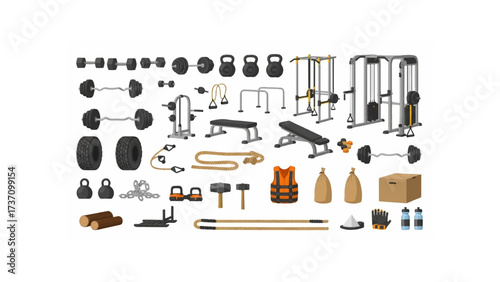 A collection of gym equipment including weights benches and other fitness related items displayed together