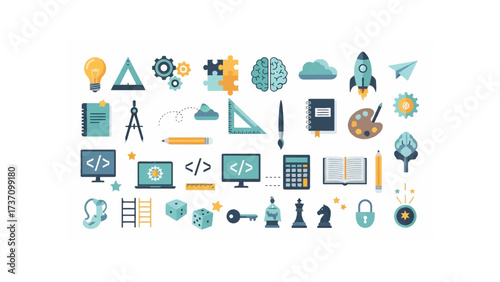 Illustration of various education and learning icons including coding and art supplies and chess pieces