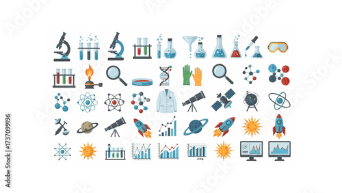 Illustration of laboratory equipment and scientific icons arranged in a grid pattern on a white background