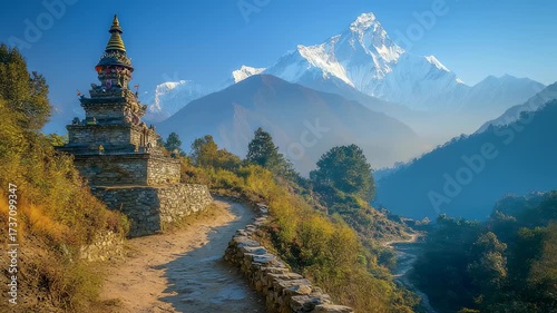Majestic Mountain Peak Views of the Himalayas with Ancient Buddhist Stupa in Nepal