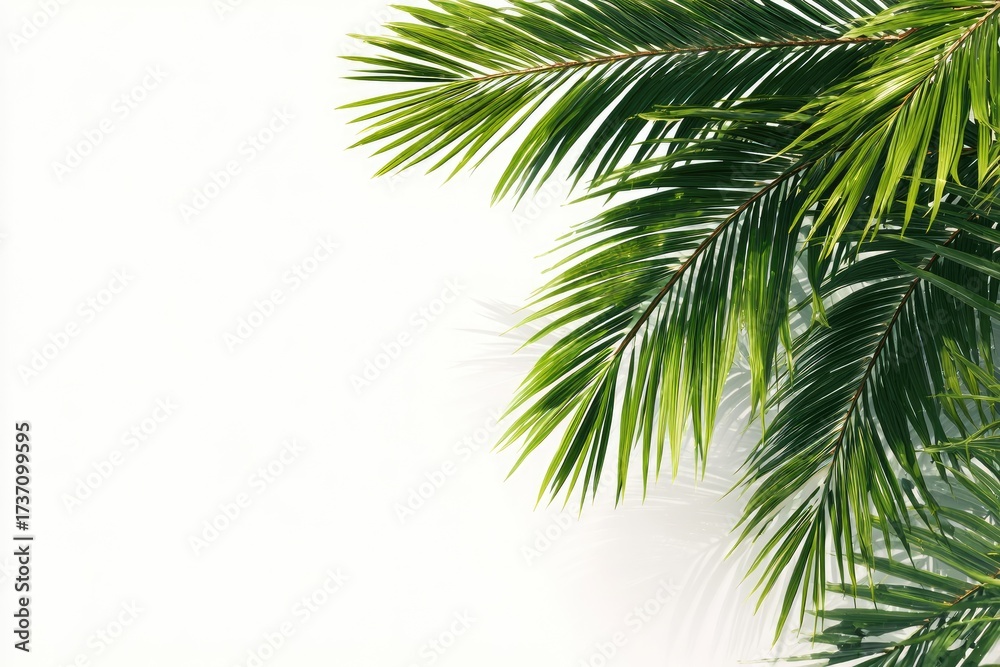 Fototapeta premium Lush green palm fronds on white background. Light and shadow create a tropical, minimal scene