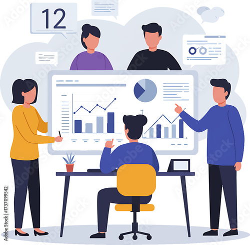 Business Team Analyzing Data on Large Display Charts and Graphs Presentation.