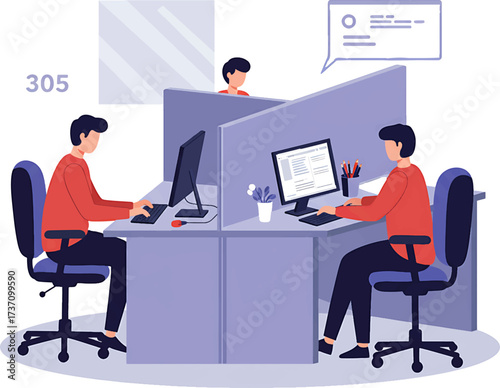 Office Workers at Desks with Computers and Dividers in a Cubicle Setting.