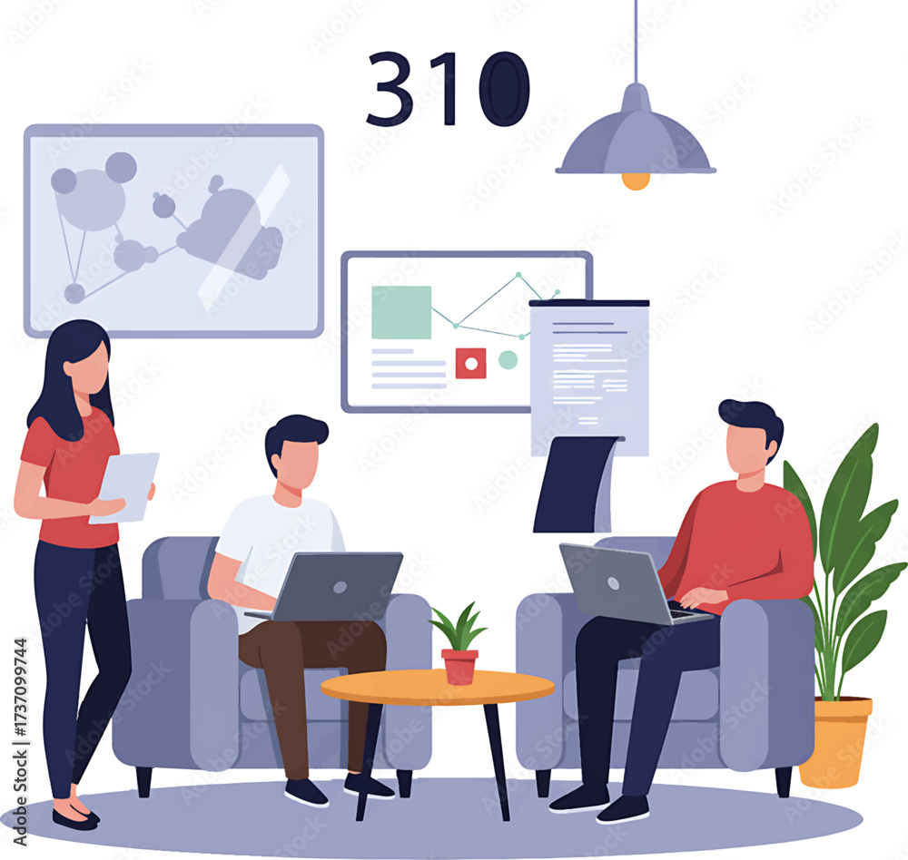 Fototapeta premium Three colleagues collaborating seated on armchairs using laptops one woman standing holding documents.