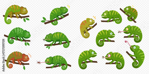 A collection of cartoon chameleons in different poses and colors, some catching insects with their long tongues, on branches.