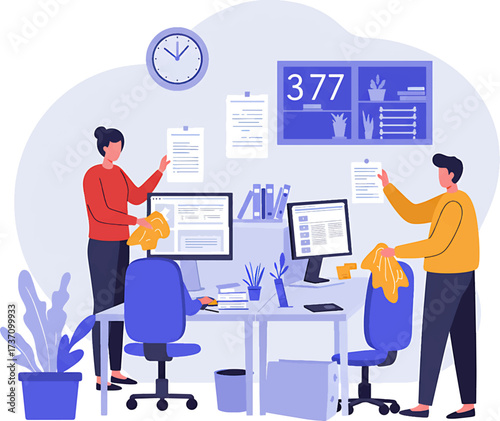 Two colleagues cleaning office workspace computers and documents using yellow cloths modern style illustration.