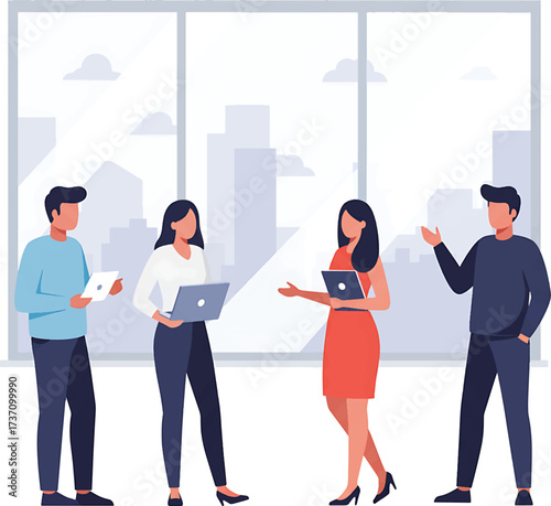 Four stylized professionals in a modern office setting holding devices.