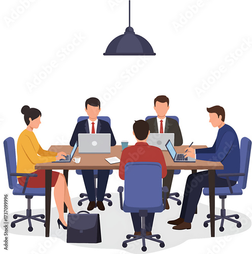 Business Team Meeting: Diverse Professionals Collaborating on Laptops.