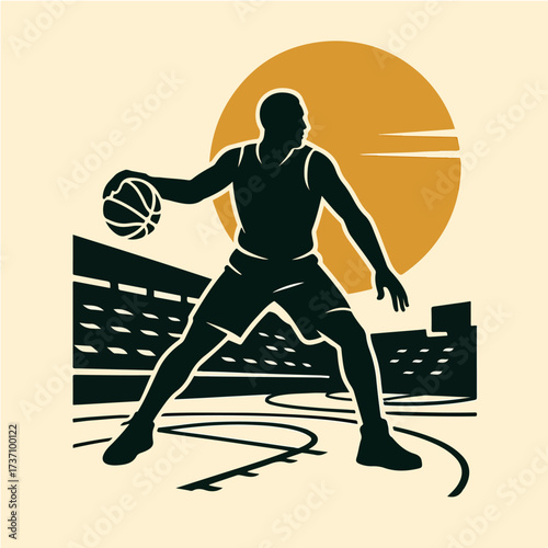 Basketball guard crossover move on court competitive stadium action badge vector