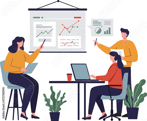 Business Team Presenting Data on Flip Chart Graphs Charts and Laptop.