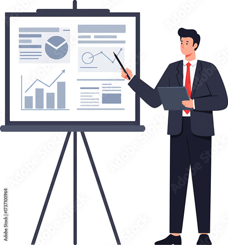 Businessman Presenting Data on a Flip Chart with Graphs and Charts.