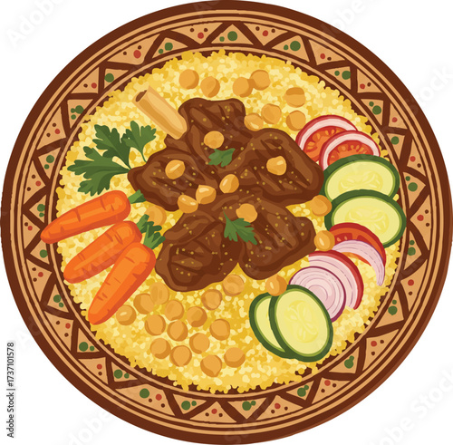 Traditional Moroccan Algerian and Tunisian Couscous Platter with Lamb Vegetables Chickpeas in Decorative Ceramic Serving Plate Vector