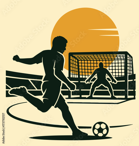 Soccer player taking penalty kick goalkeeper ready competitive match stadium vector