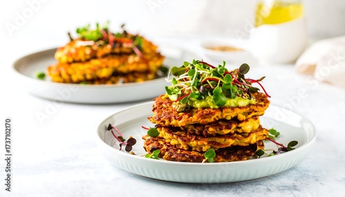 Stack of Savory Pancakes with Fresh Microgreens on a White Plate