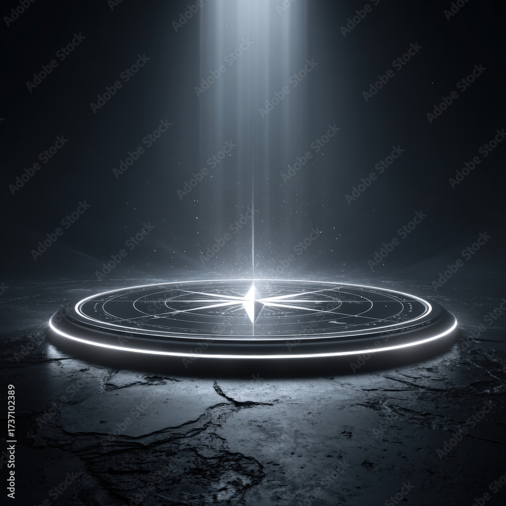 Fototapeta premium Abstract glowing compass rose with luminous gradient background for adventure themes