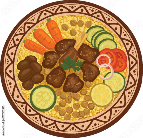 Traditional Moroccan Algerian and Tunisian Couscous Platter with Lamb Vegetables Chickpeas in Decorative Ceramic Serving Plate Vector