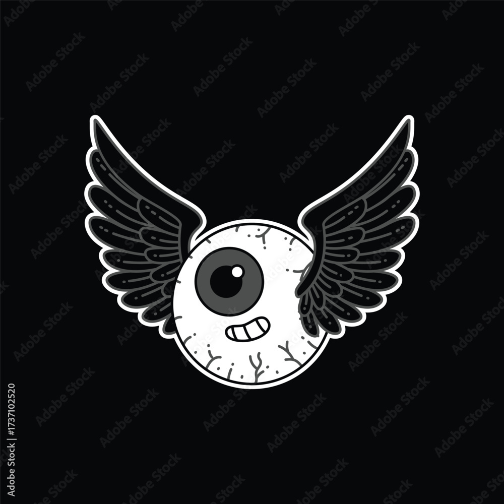 Fototapeta premium A whimsical cartoon eyeball with a happy expression and outstretched wings, rendered in a playful, illustrative style. Eyeball Wings Retro Mascot.