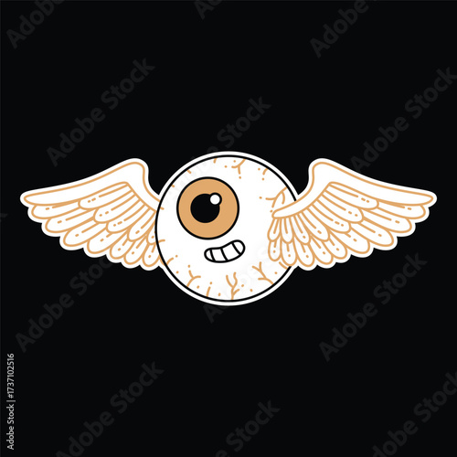 A playful cartoon illustration of a white eyeball with a brown iris and a smiling mouth, adorned with light-colored wings on either side, suggesting flight or freedom. Eyeball Wings Retro Mascot.