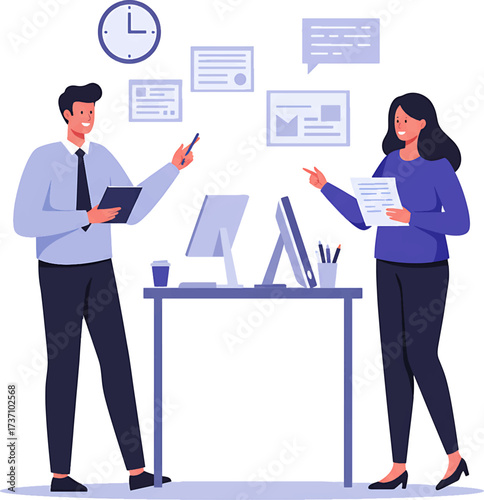 Two Business Professionals Discussing Documents at Office Desk Vector Illustration.