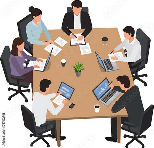 Business People in Meeting Working on Documents and Laptops.