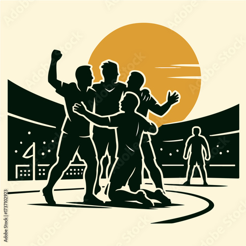 Soccer team celebrating goal group huddle victory moment competitive stadium vector
