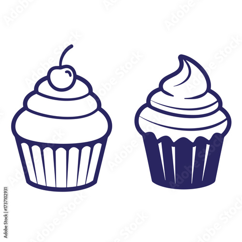 Simple vector illustrations of two delicious cupcakes with different frosting and toppings