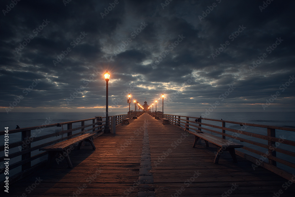 Fototapeta premium Serene pier at dusk with cloudy sky and glowing lights