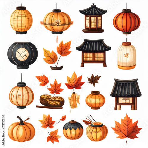 Asian Autumn Festival Elements Set with Lanterns, Maple Leaves, and Traditional Houses 