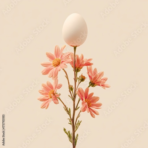 A single egg balances atop a floral stem, with pink blooms against a neutral backdrop