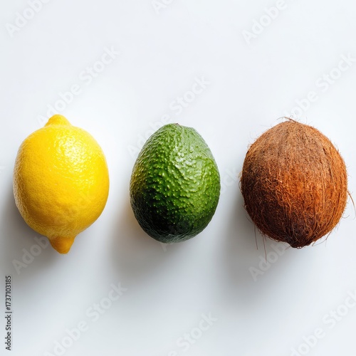 Lemon, avocado, and coconut on white background in a straight line. Bright and fresh