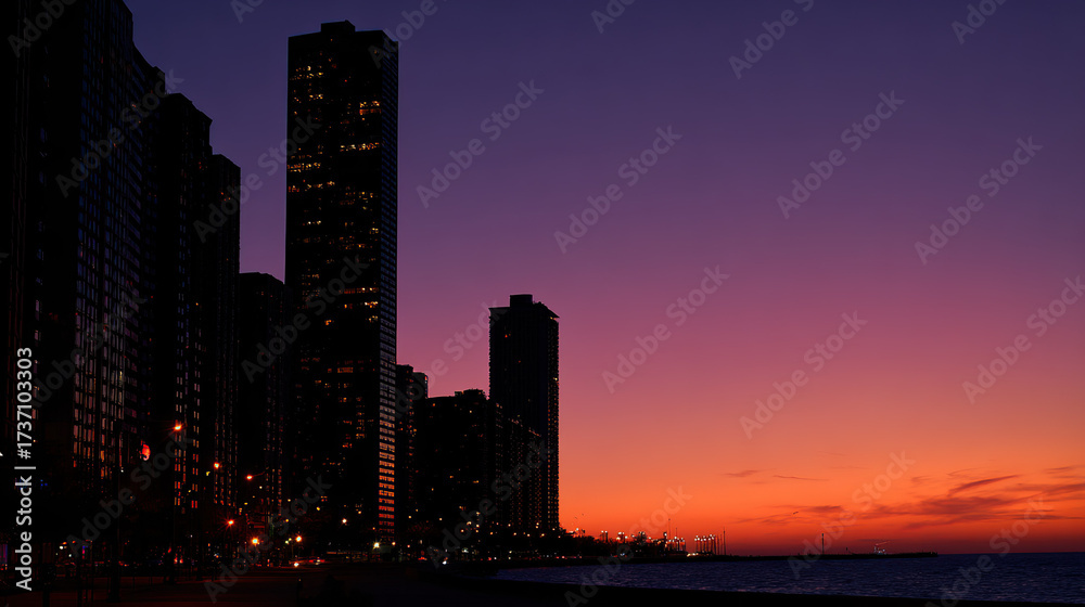 Fototapeta premium Stunning cityscape at sunset with tall buildings along the waterfront