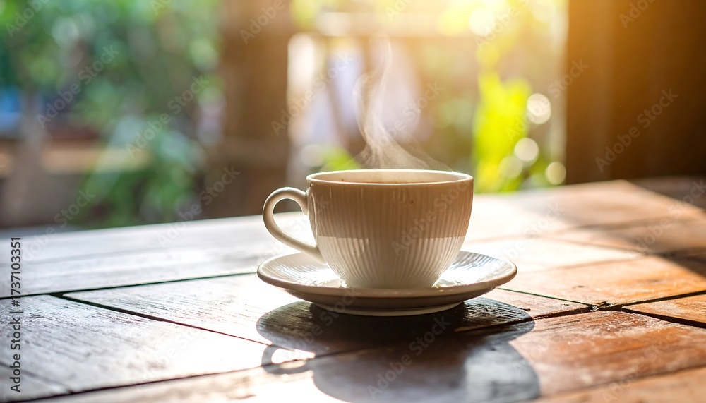 Fototapeta premium Steaming Coffee Cup on Wooden Table with Natural Light
