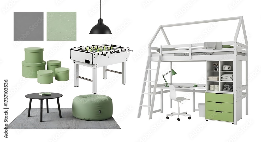 Fototapeta premium Playful Kids Room Interior with Loft Bed, Foosball Table, and Green Accents