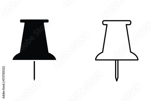 Push pin icon set in black and red color solid outline flat style. social media, Instagram pin icon. needle, pinned, attach, and note symbol. outlined, flat, vector icon, thumbstick, Paperclip.