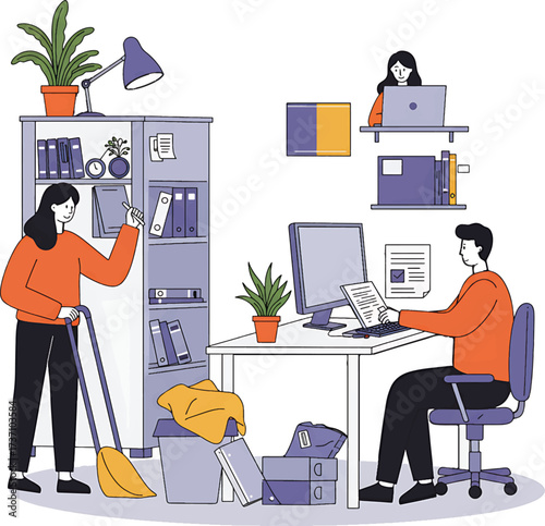 Busy Office Scene with Two Workers Cleaning and Organizing.