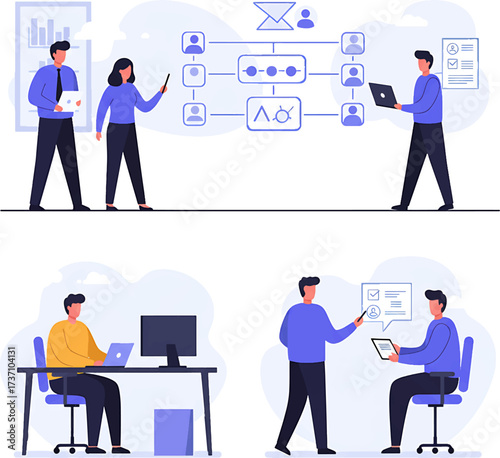 Vector Illustration of Business People in Various Work Scenarios.