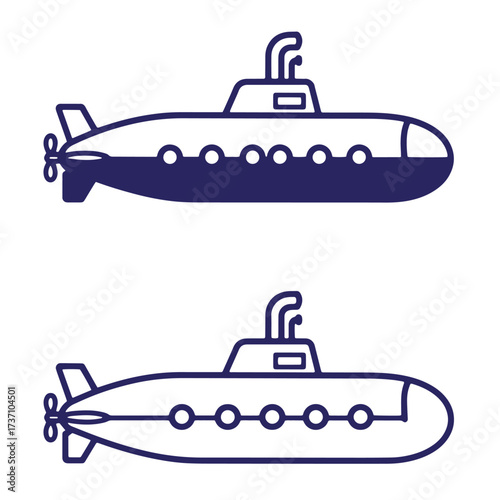 Two blue submarine illustrations showing details of a classic underwater vessel design