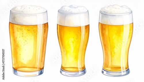 Wallpaper Mural Trio of Golden Lager Beers: Three Refreshing Watercolor Pints with Frothy White Heads, Perfect for S Torontodigital.ca