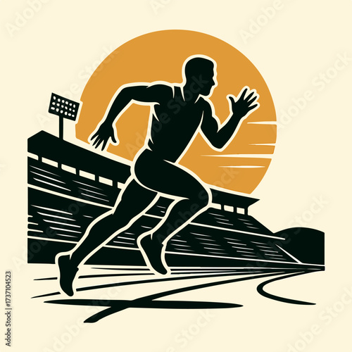 Track athlete sprinting on running lanes stadium race training fitness vector