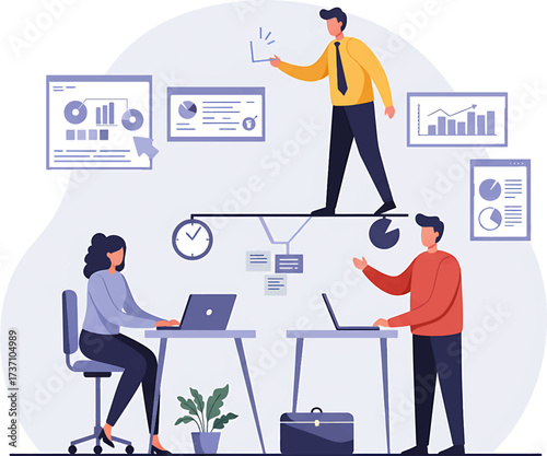 Business Teamwork Illustration: Man on Balance Beam Woman and Man at Desks.