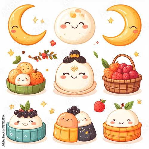 Kawaii Moon Festival Illustration with Cute Food, Tangyuan, and Fruit 