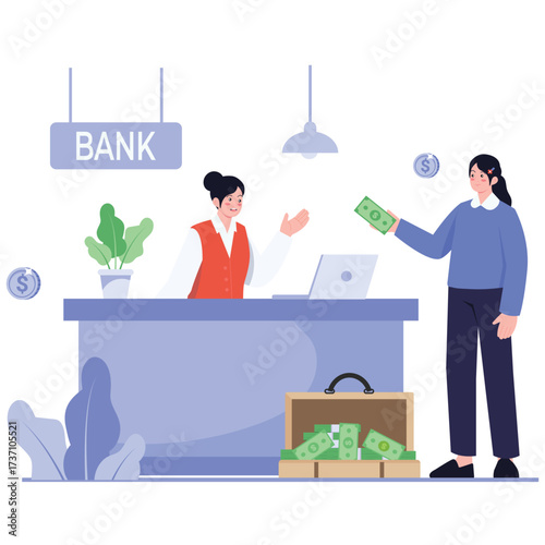 Banking Illustration. Vector illustration of A customer pays cash at a bank counter while a friendly teller assists the financial transaction inside a modern branch. Isolated on background