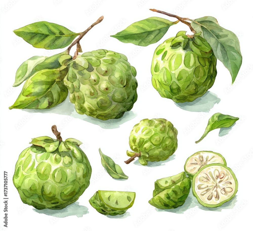 Obraz premium Watercolor illustration of several whole and sliced cherimoya fruits with leaves and branches