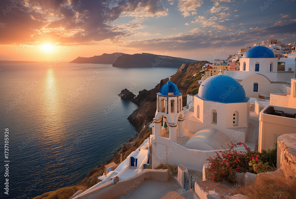 Obraz premium Experience the magic of Santorini at sunrise, with its iconic blue domes and stunning seascape, a dream travel destination for unforgettable memories
