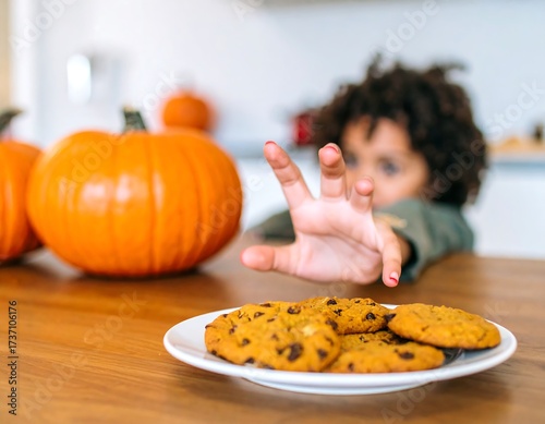 Child's Hand Reaching for Cookies Near Pumpkins