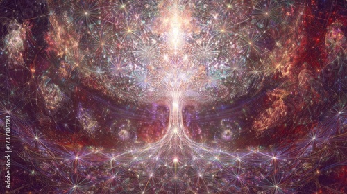 Glowing feminine symbols intertwine to form a radiant tree of life mosaic.