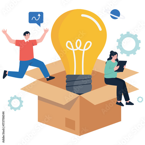 Innovation Illustration. Vector illustration of Colleagues celebrate creativity as a big light bulb emerges from a cardboard box, representing unconventional problem solving. Isolated on background